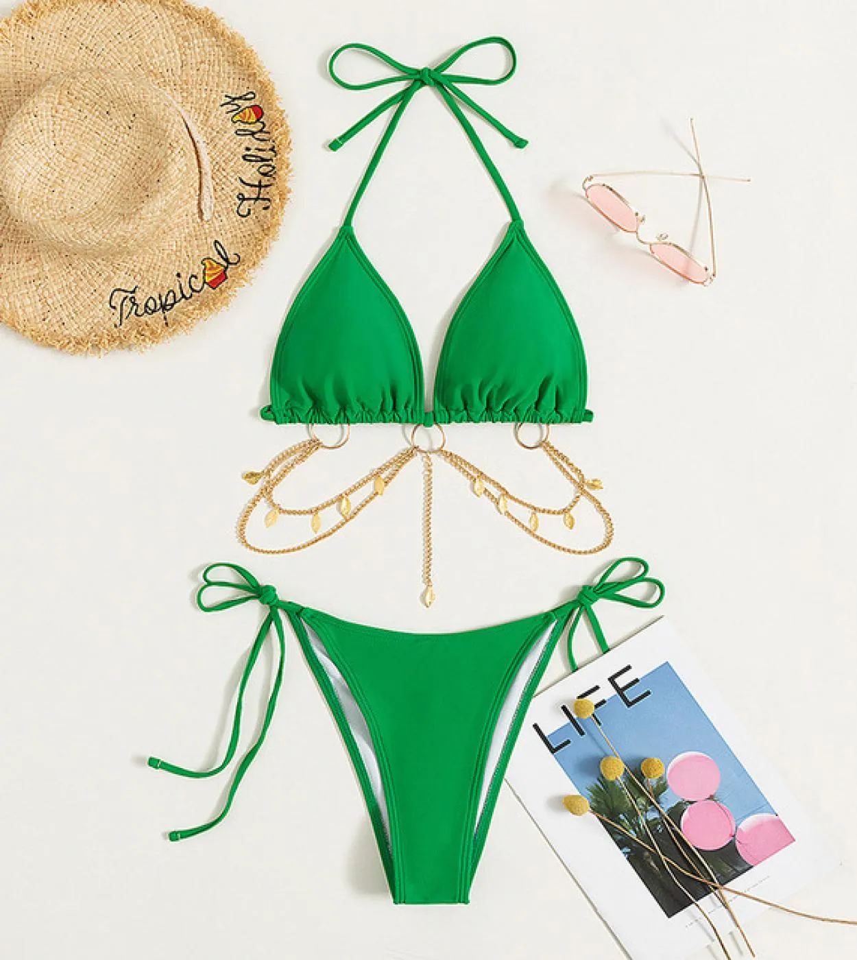 2022 Bikini a catena Borsa a triangolo Halter Costume da bagno Donna 2 pezzi Bikini Vita bassa Coulisse Perizoma Costume da bagn
