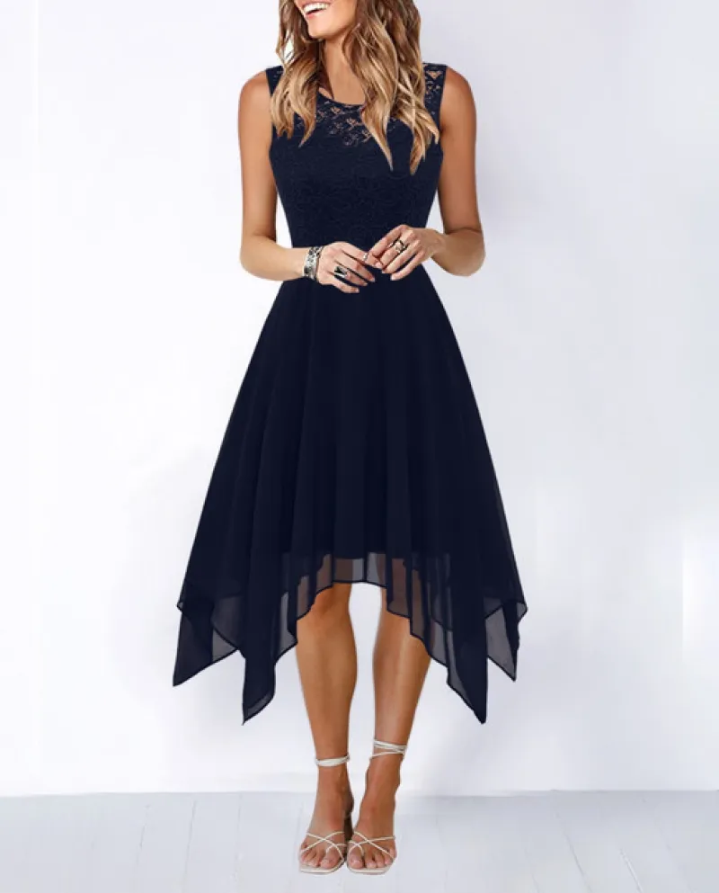Abito da donna in pizzo floreale con fiocco Cintura elegante mini abito irregolare Abito in chiffon senza maniche Abito da cockt