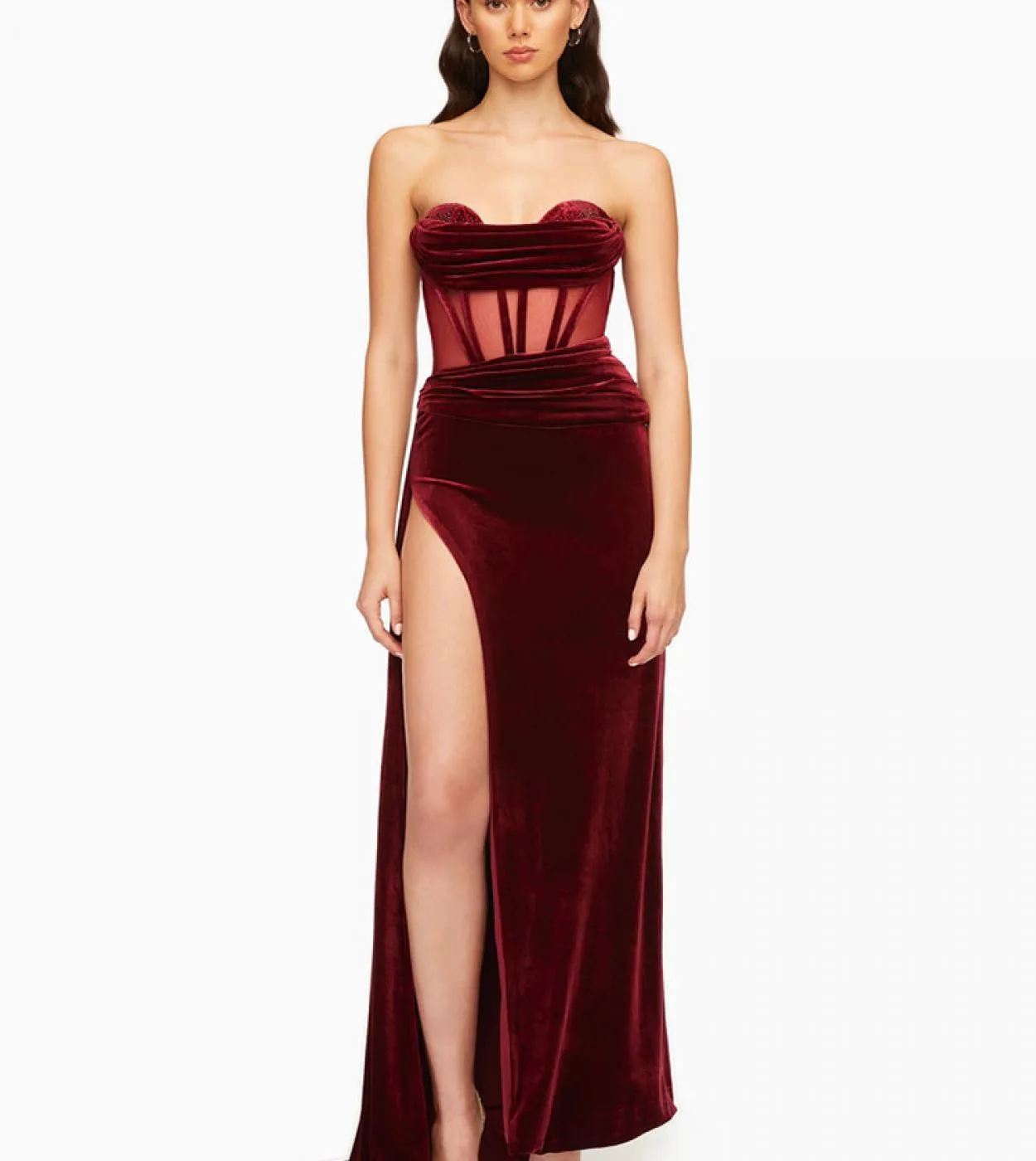 Abito lungo in velluto con spacco alto drappeggiato senza spalline Elegante abito da sera senza schienale in velluto con spalle