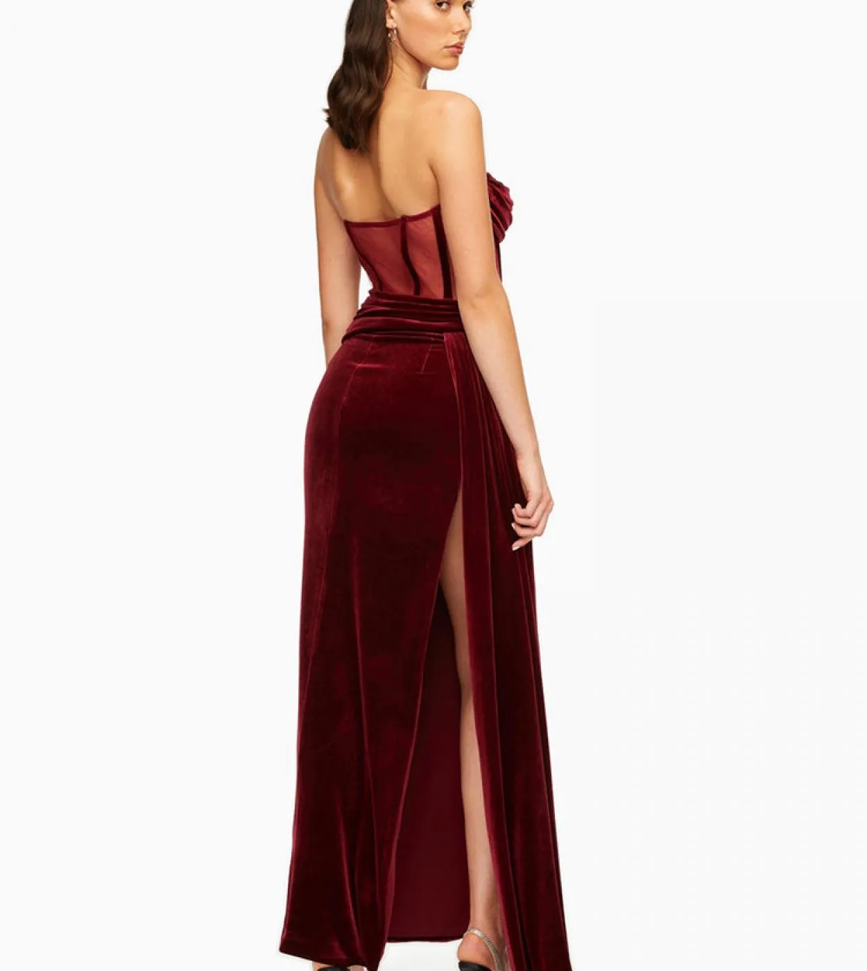 Abito lungo in velluto con spacco alto drappeggiato senza spalline Elegante abito da sera senza schienale in velluto con spalle