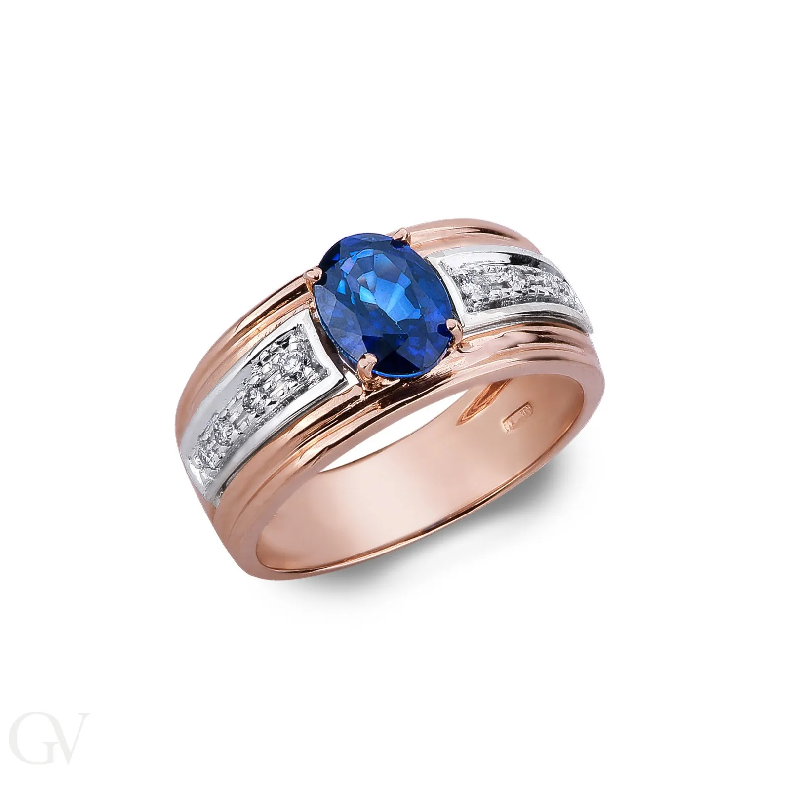 Anello fascia in Oro Bianco e Rosa 18k con Diamanti e Zaffiro blu