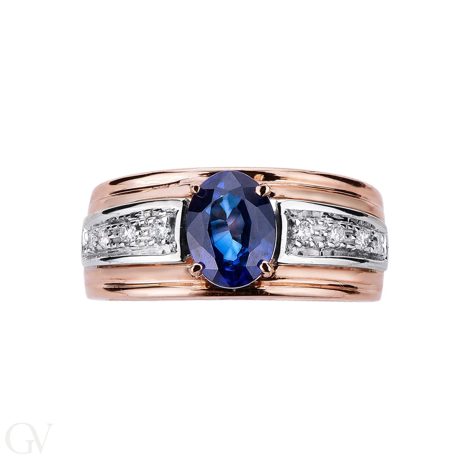 Anello fascia in Oro Bianco e Rosa 18k con Diamanti e Zaffiro blu