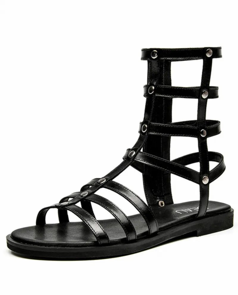 Beautoday Stivali da Gladiatore Estate Donna Vera Pelle di Mucca Cerniera Laterale Scarpe Basse da Spiaggia da Donna a Metà Polp