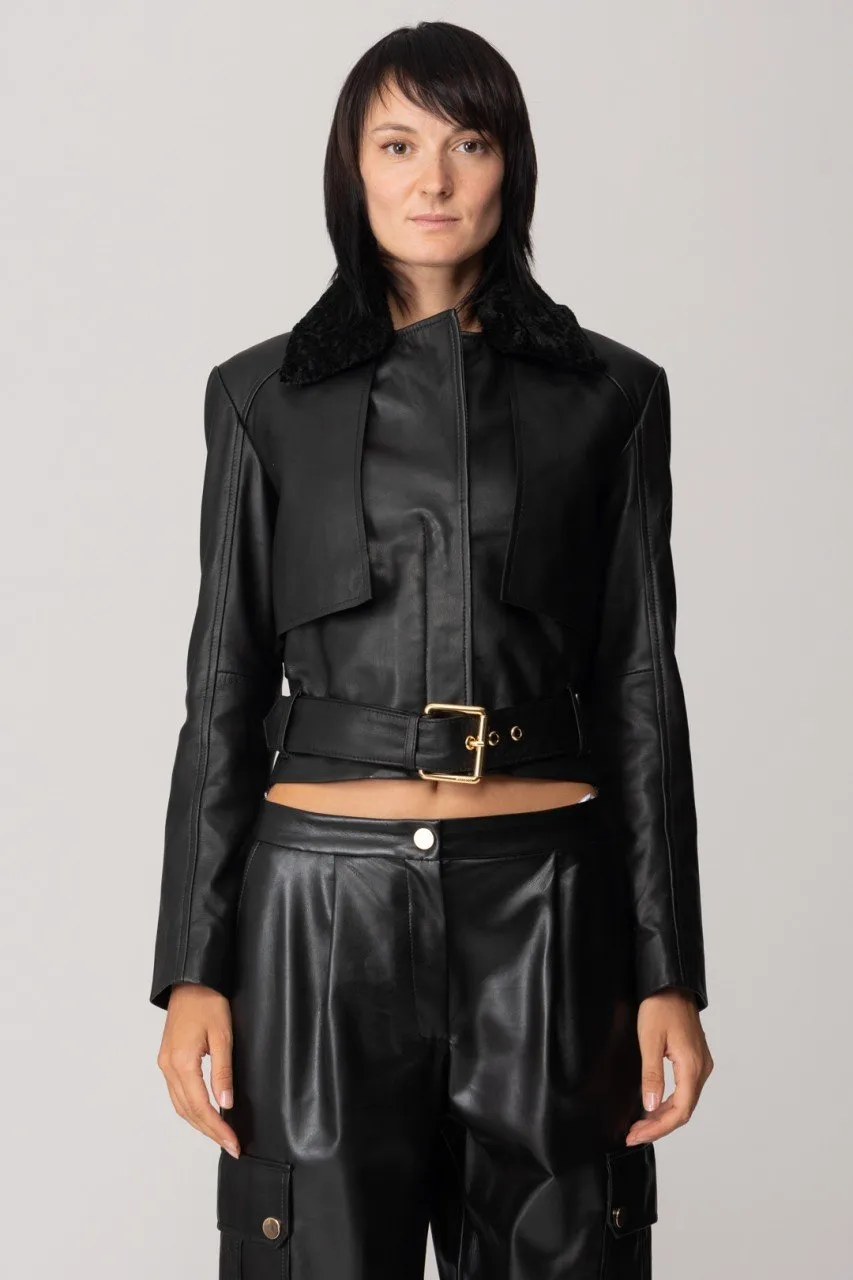 Biker in pelle con colletto in velluto NERO LIMOUSINE