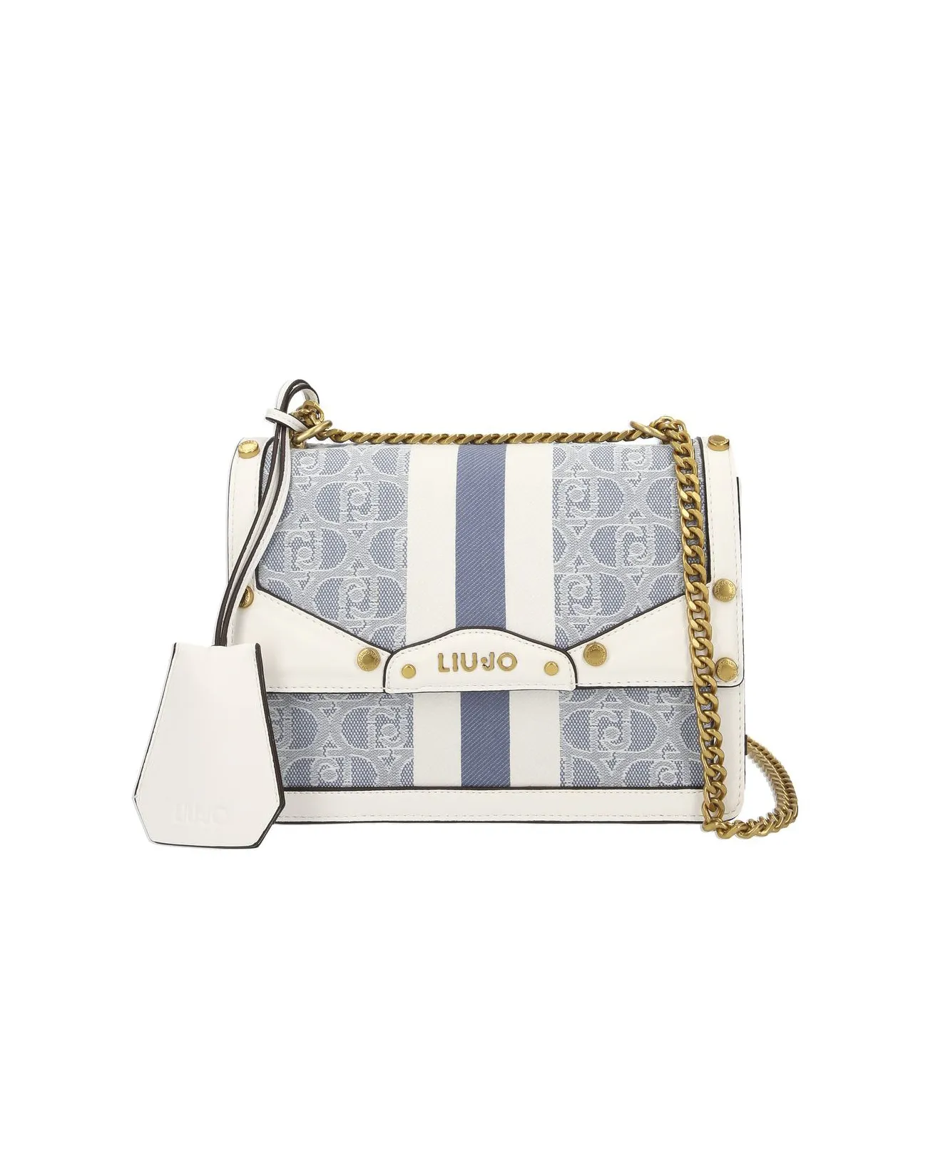 Borsa a tracolla con patta in canvas a motivo logo monogram azzurro e bianco con inserti in similpelle