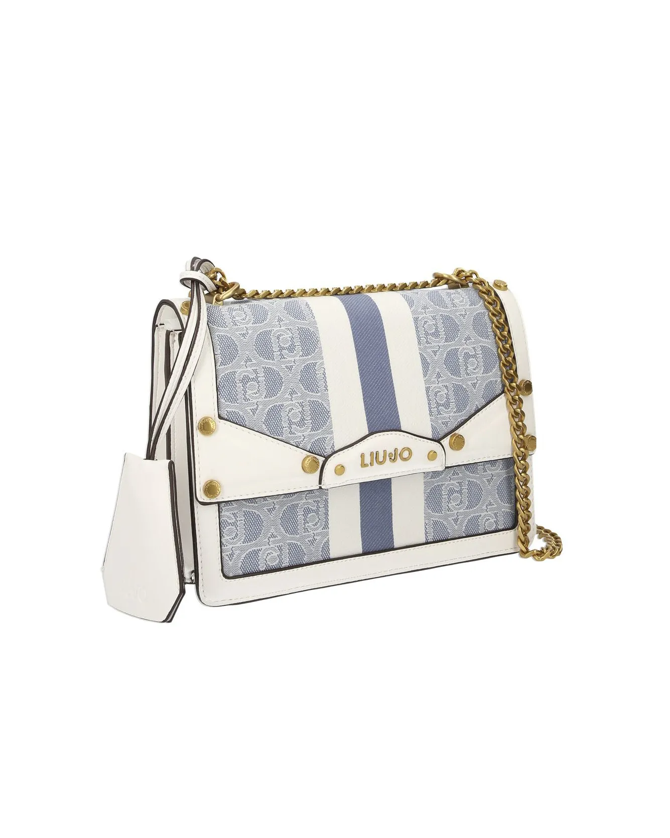 Borsa a tracolla con patta in canvas a motivo logo monogram azzurro e bianco con inserti in similpelle
