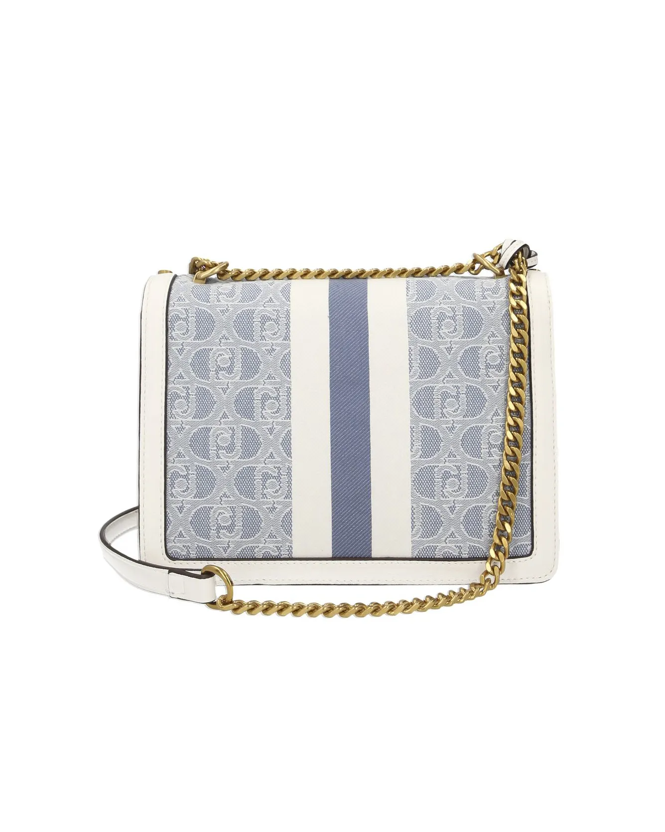 Borsa a tracolla con patta in canvas a motivo logo monogram azzurro e bianco con inserti in similpelle