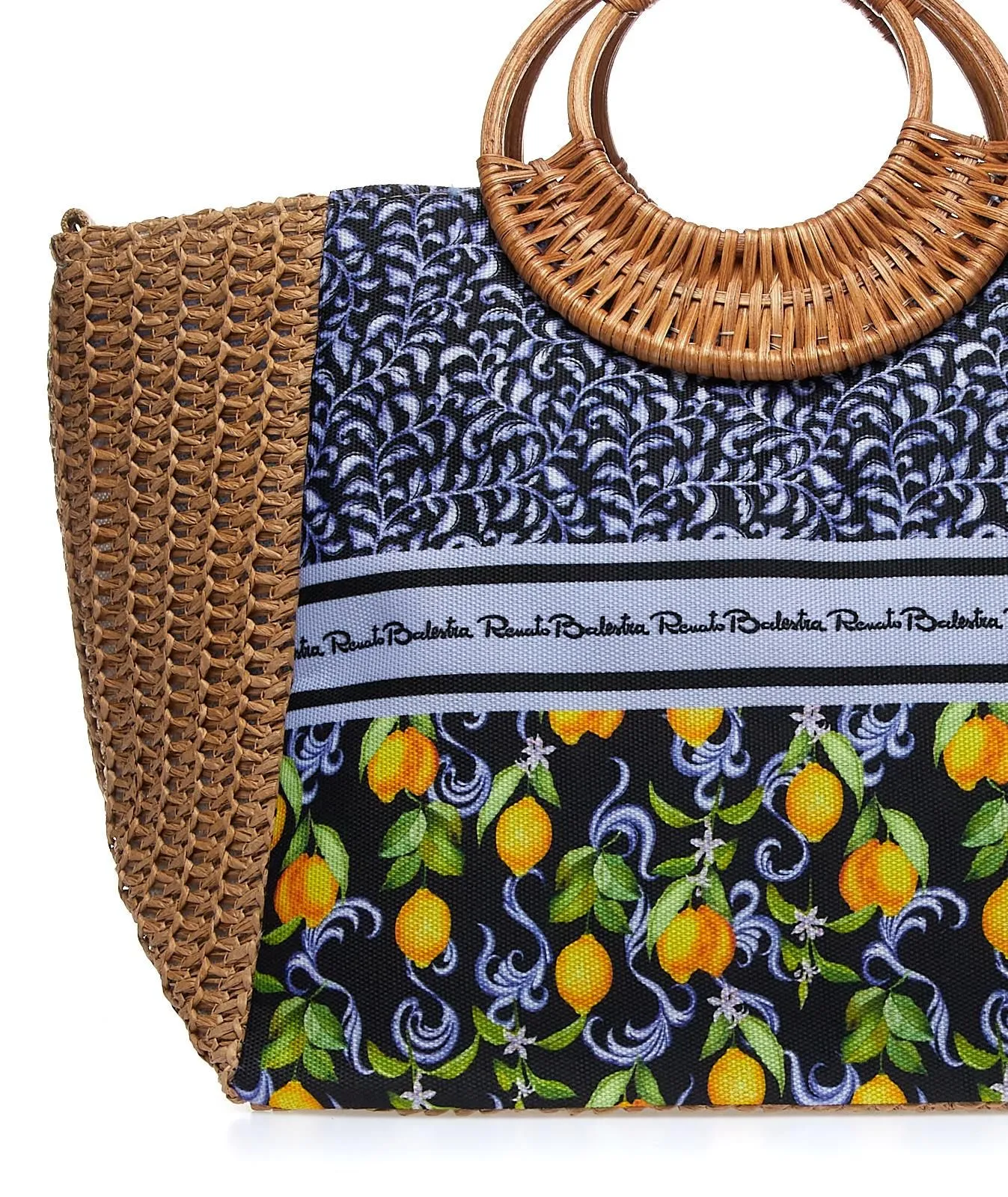 Borsa marrone da mare con manico circolare e inserto in tessuto