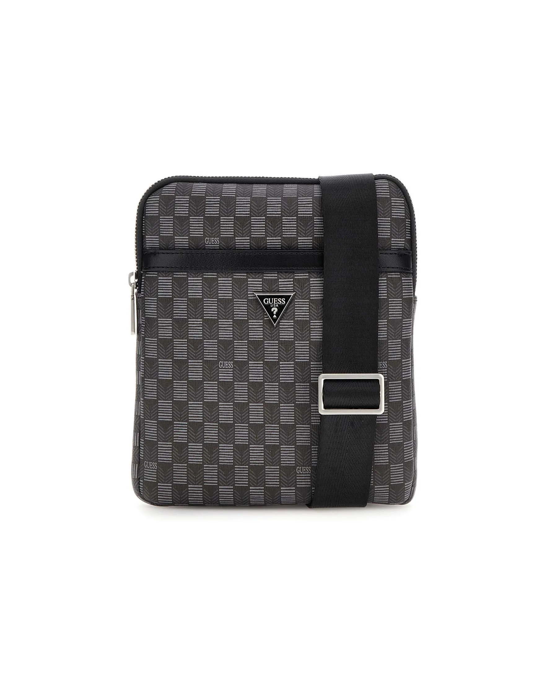 Borsa piatta nera a tracolla in similpelle a fantasia geometrica con placca logo in metallo
