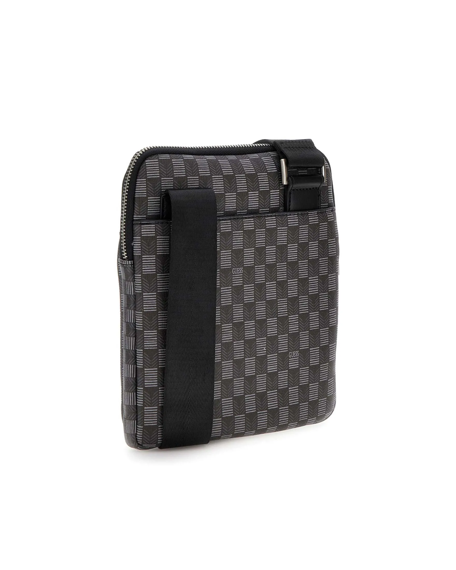 Borsa piatta nera a tracolla in similpelle a fantasia geometrica con placca logo in metallo