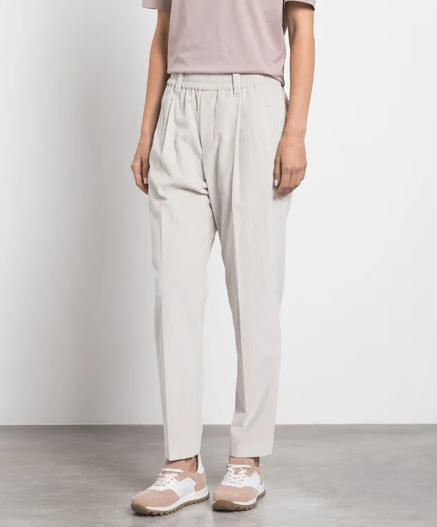 Brunello Cucinelli Pantaloni in velluto a coste grigi con coulisse MP436P8416