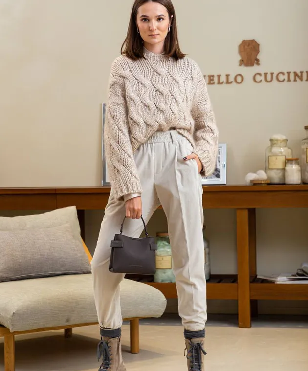 Brunello Cucinelli Pantaloni in velluto a coste grigi con coulisse MP436P8416