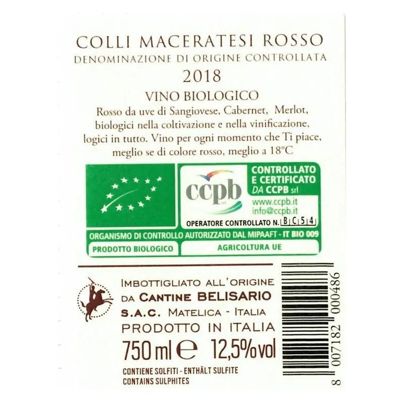 Cantine Belisario 1 bottiglia - Vigneti B Colli Maceratesi Rosso BIO DOC 2022