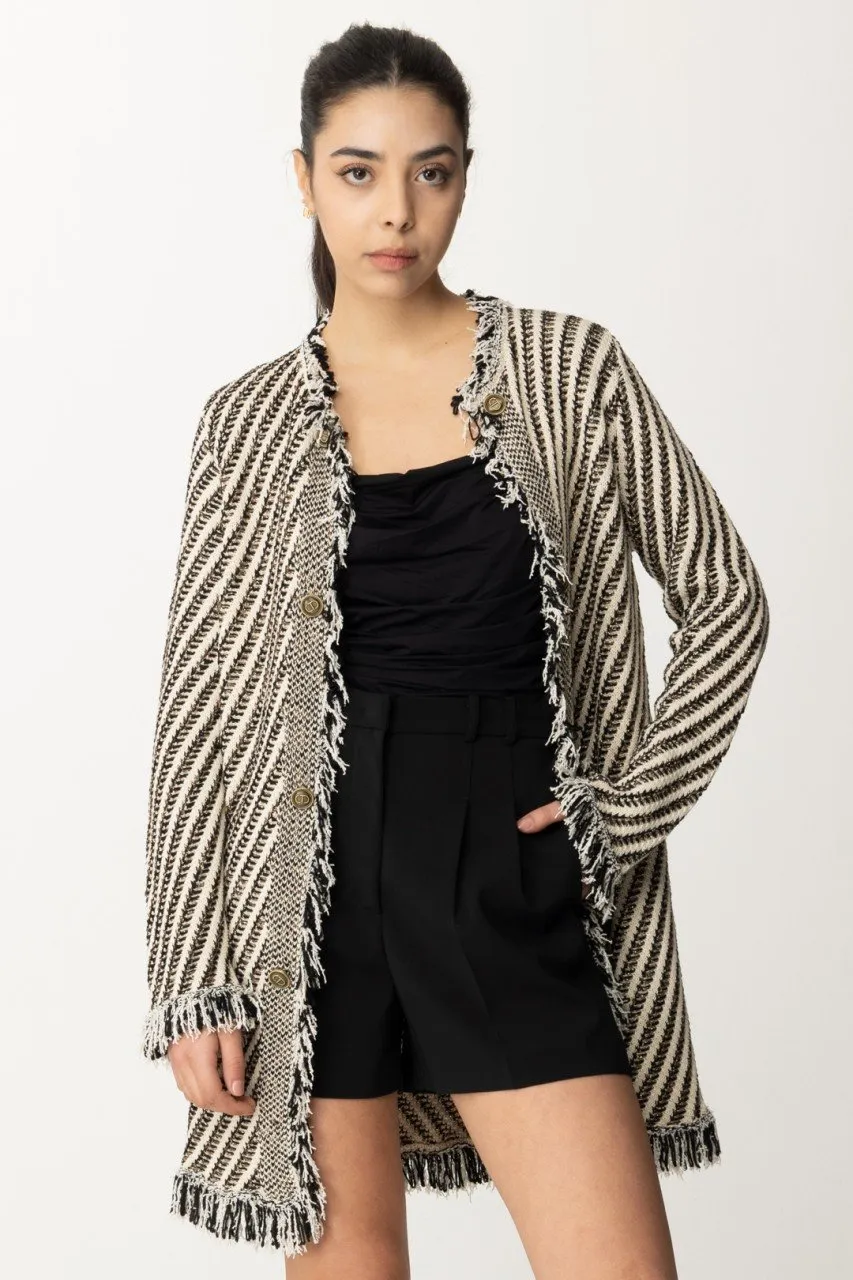 Cappotto in maglia a righe con frange JACQUARD STRIPES NEVE/NERO/LUR