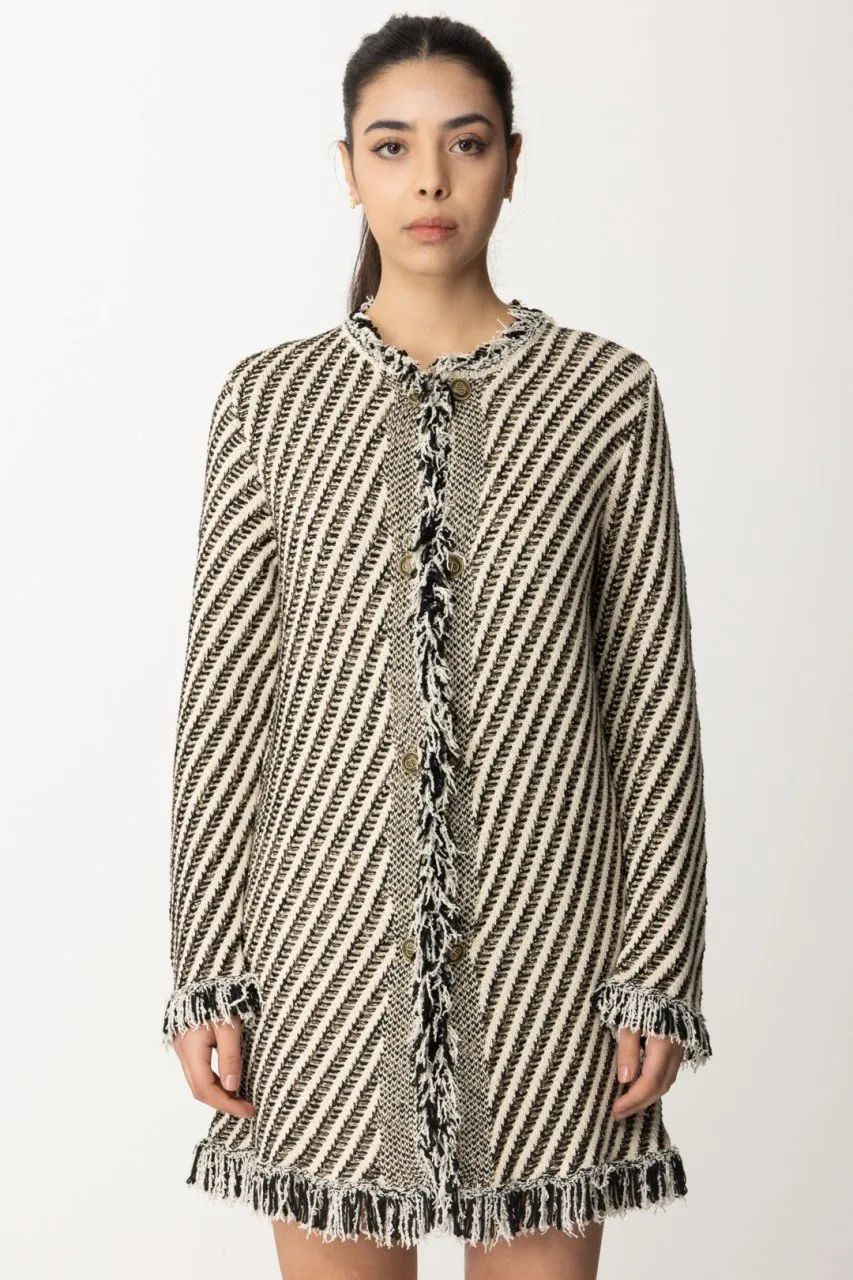 Cappotto in maglia a righe con frange JACQUARD STRIPES NEVE/NERO/LUR