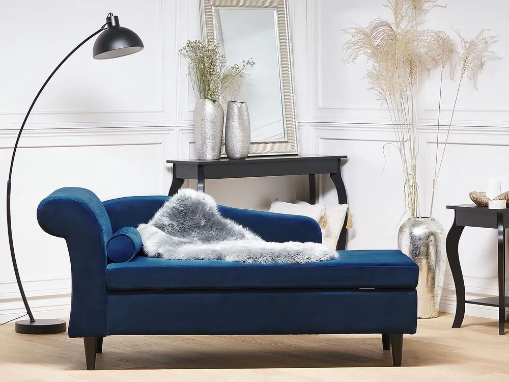 Chaise longue velluto blu marino e legno scuro sinistra LUIRO