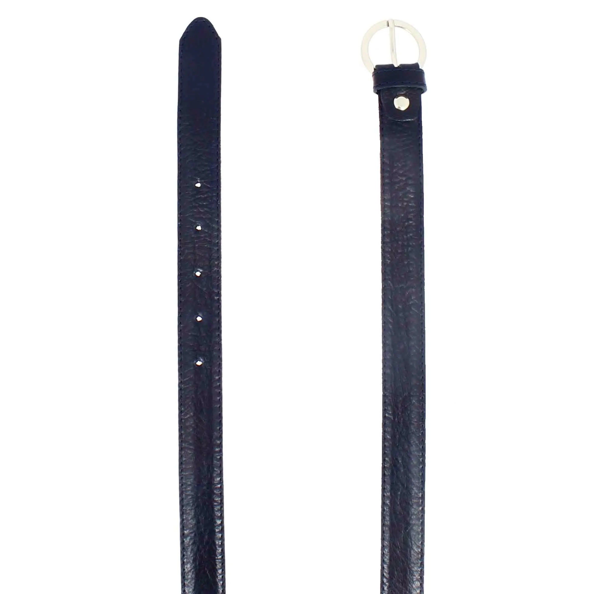 Cintura da donna in pelle lucida colore blu con fibbia in metallo colore argento