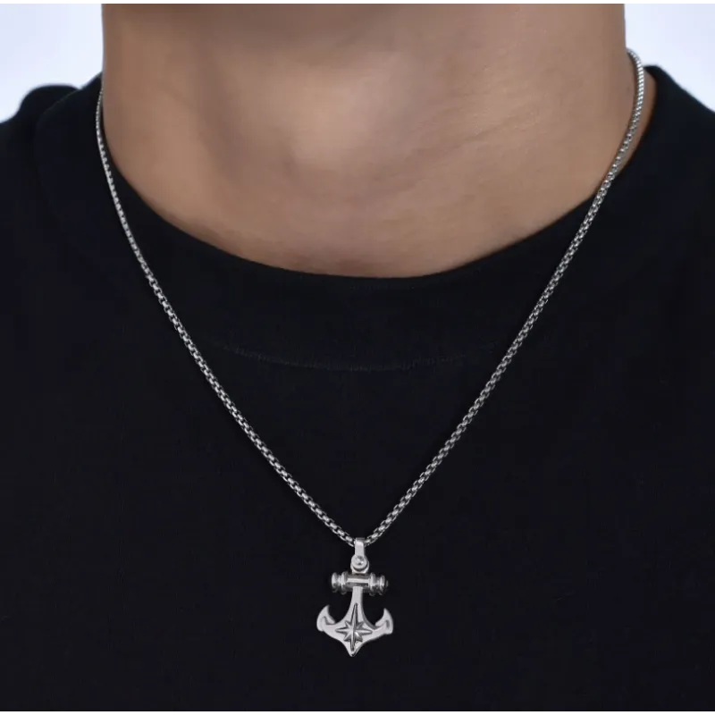 COLLANA UOMO IN ACCIAIO ANCORA E ROSA DEI VENTI