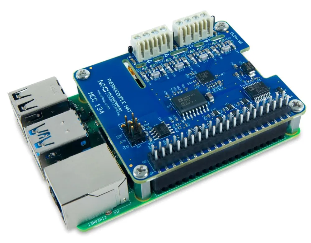 DAQ HAT di misurazione termocoppia MCC 134 per Raspberry Pi Digilent