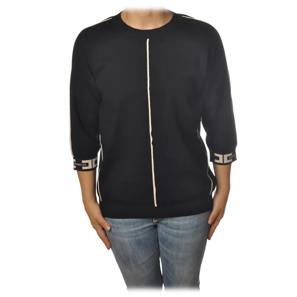 Elisabetta Franchi - Maglia Manica 3/4 Polsini Logati - Nero - Maglione - Made in Italy - Luxury Exclusive Collection