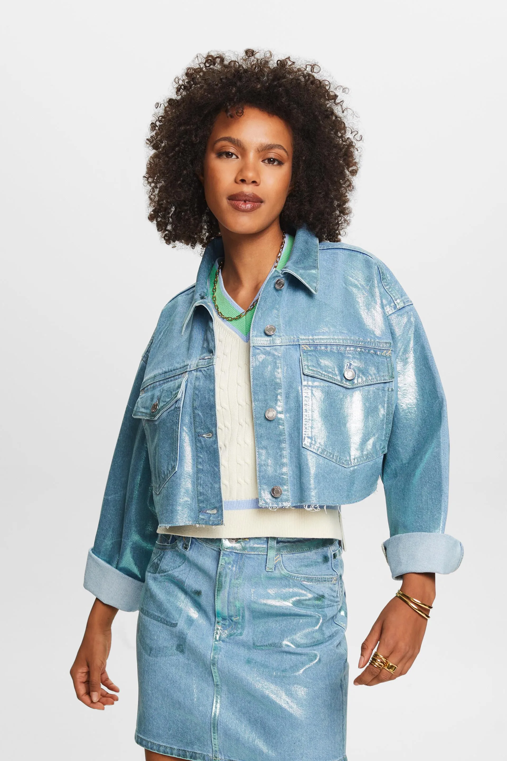 Giacca cropped in denim metallizzato