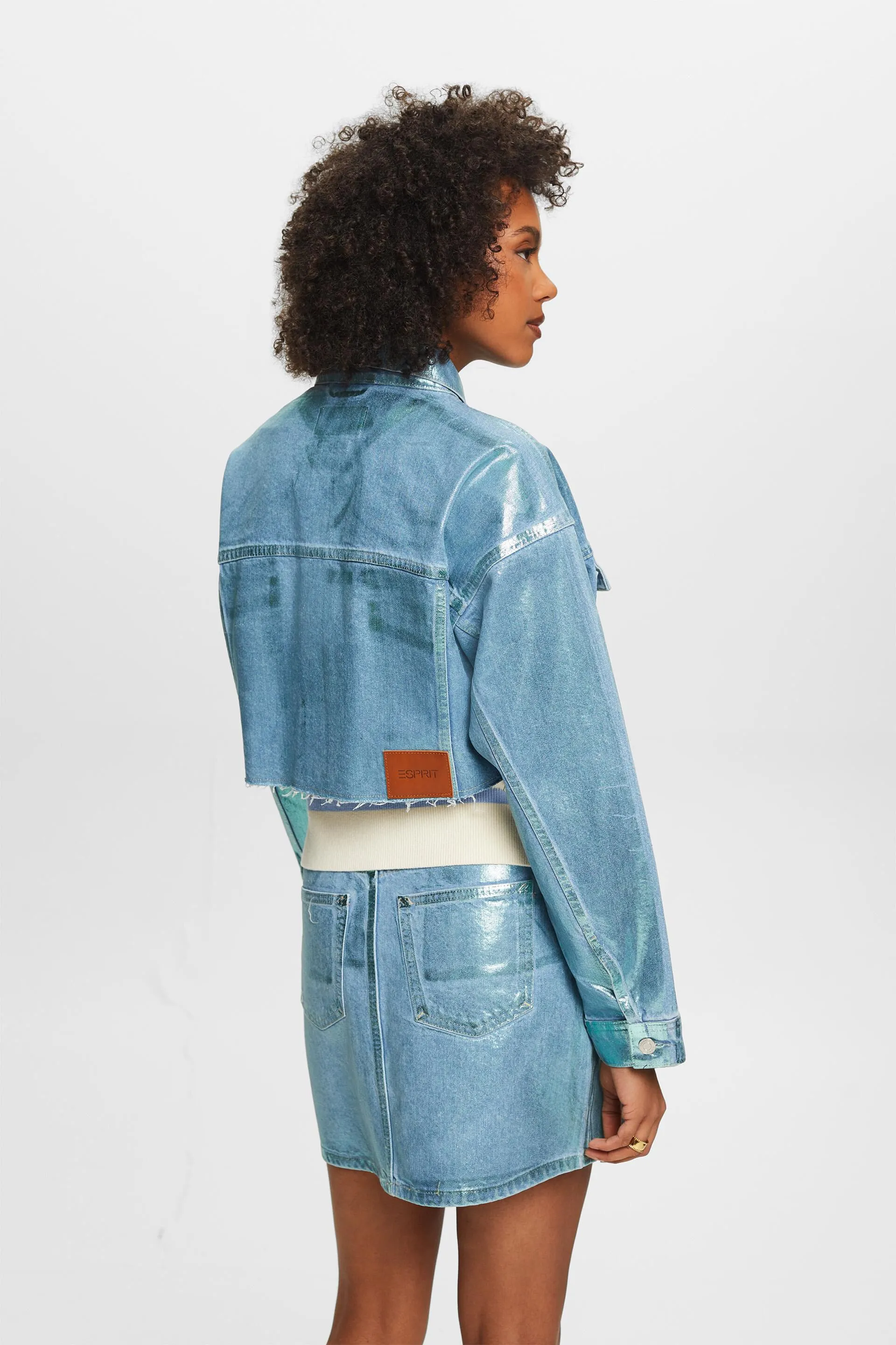 Giacca cropped in denim metallizzato