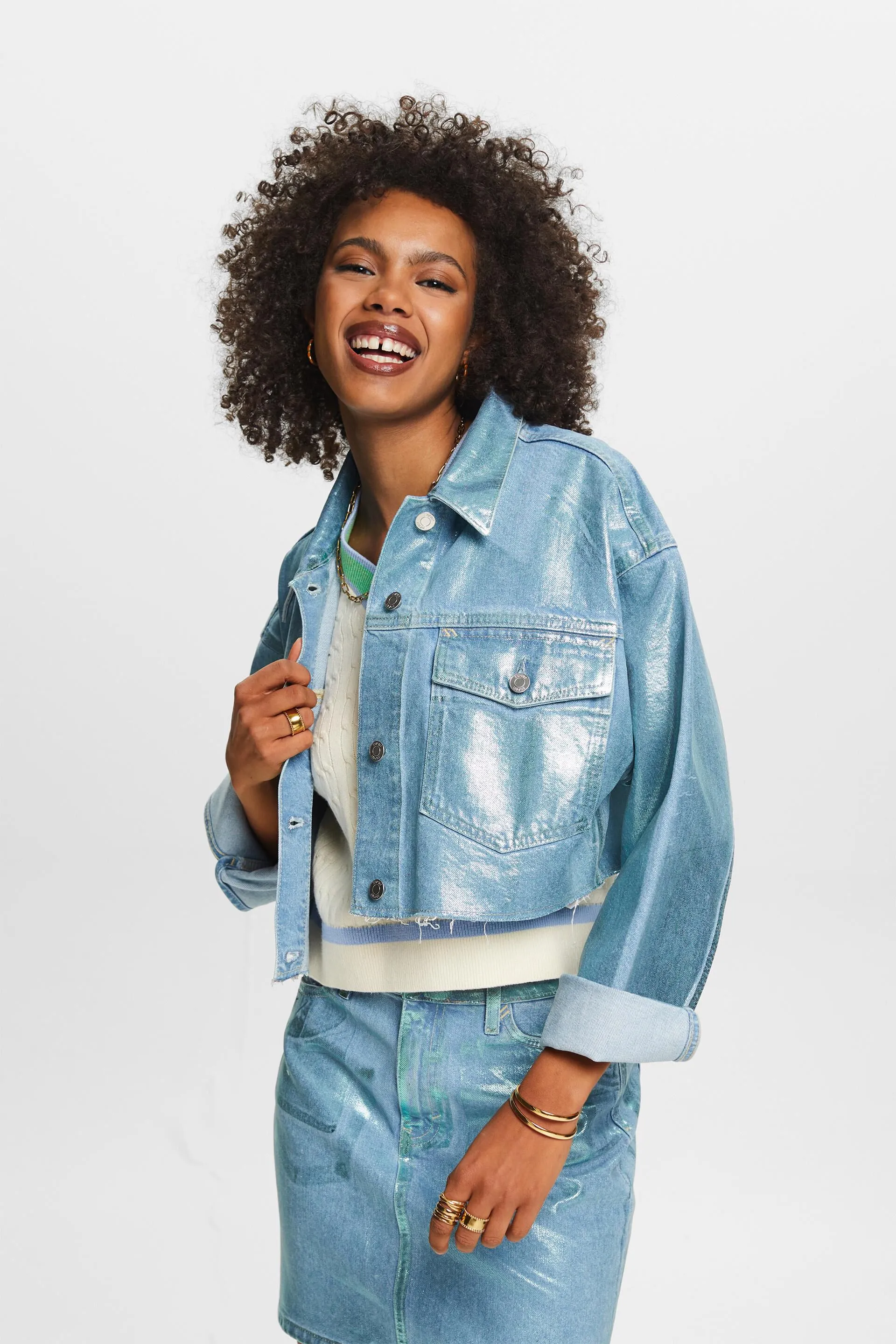 Giacca cropped in denim metallizzato