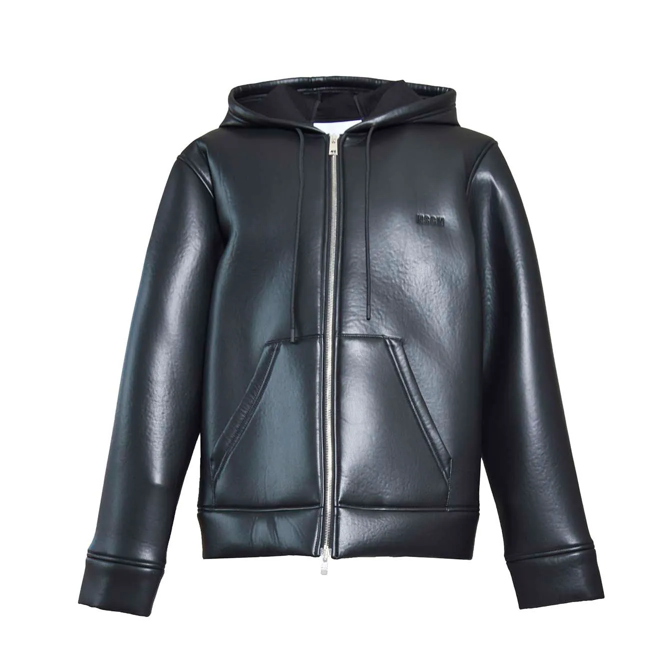Giubbino con cappuccio in ecopelle nera effetto scuba MSGM