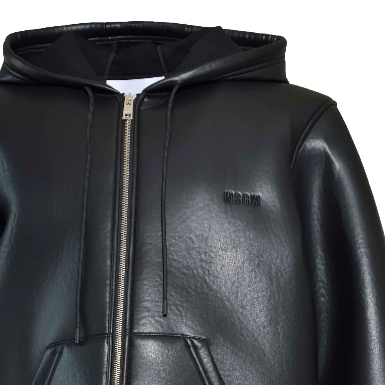 Giubbino con cappuccio in ecopelle nera effetto scuba MSGM