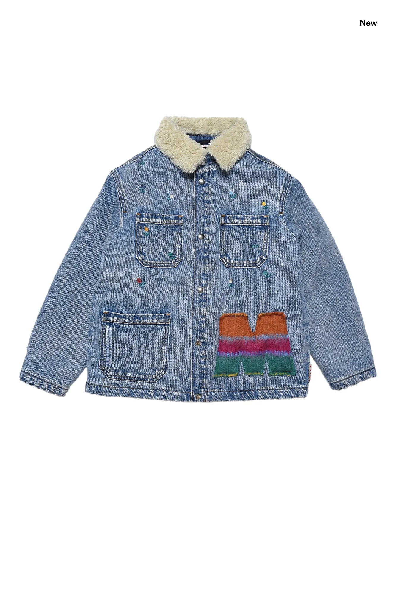 Giubbino in denim chiaro con fiori ricamati e patch per bambina