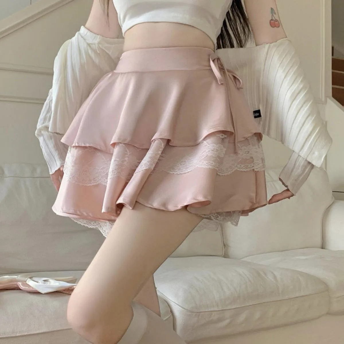 Gonne Donna Sopra il ginocchio Streetwear Pizzo Popolare Tempo libero Dolce Morbido Pieghettato Tutto abbinato Impero Confortevo