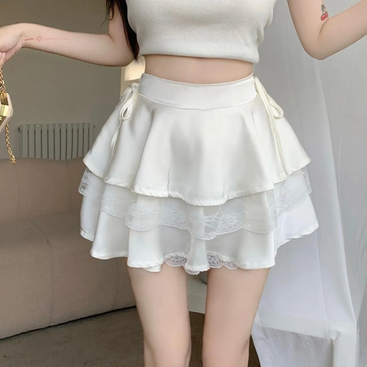 Gonne Donna Sopra il ginocchio Streetwear Pizzo Popolare Tempo libero Dolce Morbido Pieghettato Tutto abbinato Impero Confortevo