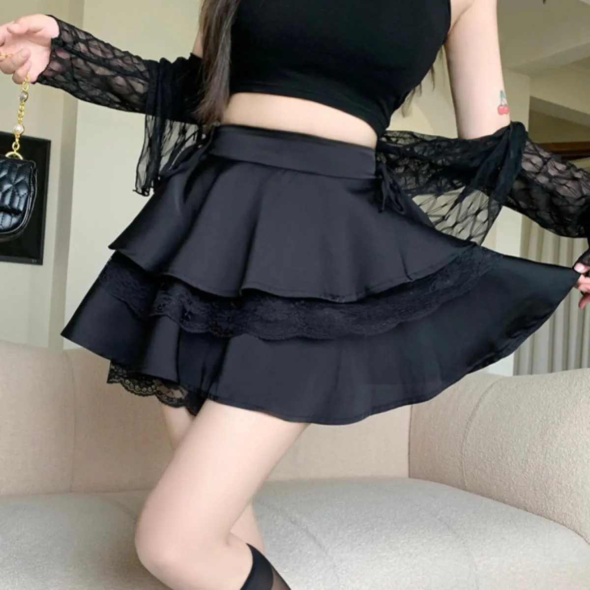 Gonne Donna Sopra il ginocchio Streetwear Pizzo Popolare Tempo libero Dolce Morbido Pieghettato Tutto abbinato Impero Confortevo