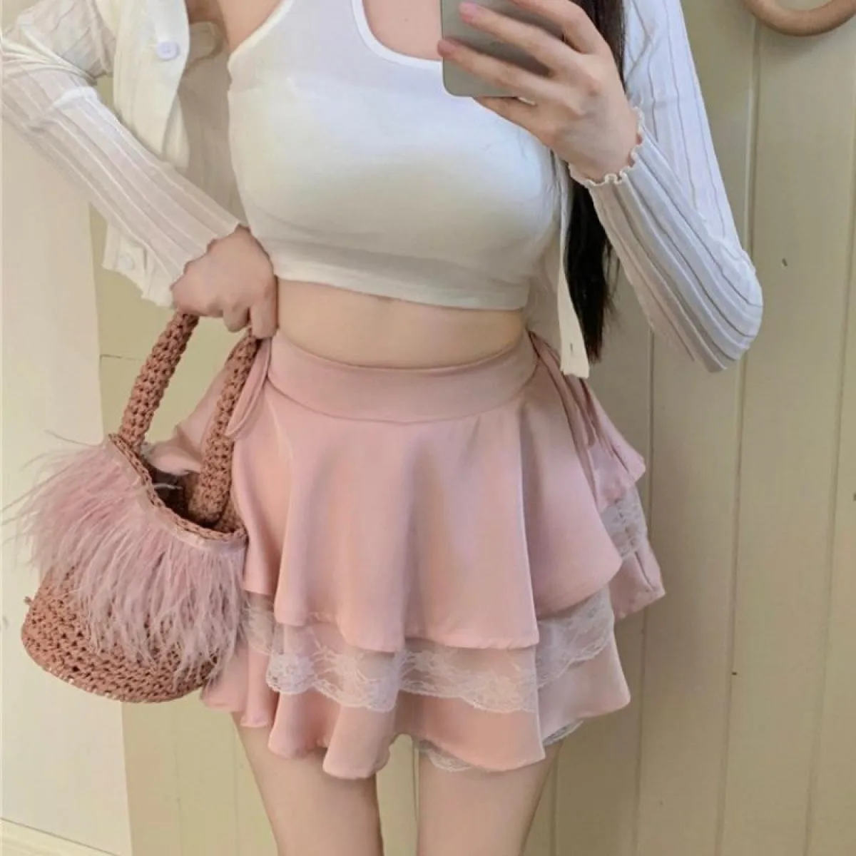 Gonne Donna Sopra il ginocchio Streetwear Pizzo Popolare Tempo libero Dolce Morbido Pieghettato Tutto abbinato Impero Confortevo