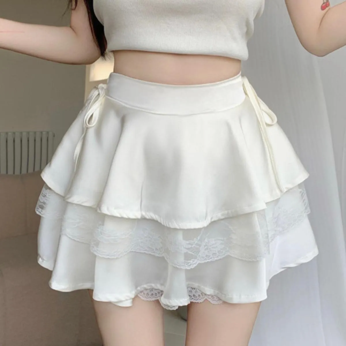 Gonne Donna Sopra il ginocchio Streetwear Pizzo Popolare Tempo libero Dolce Morbido Pieghettato Tutto abbinato Impero Confortevo