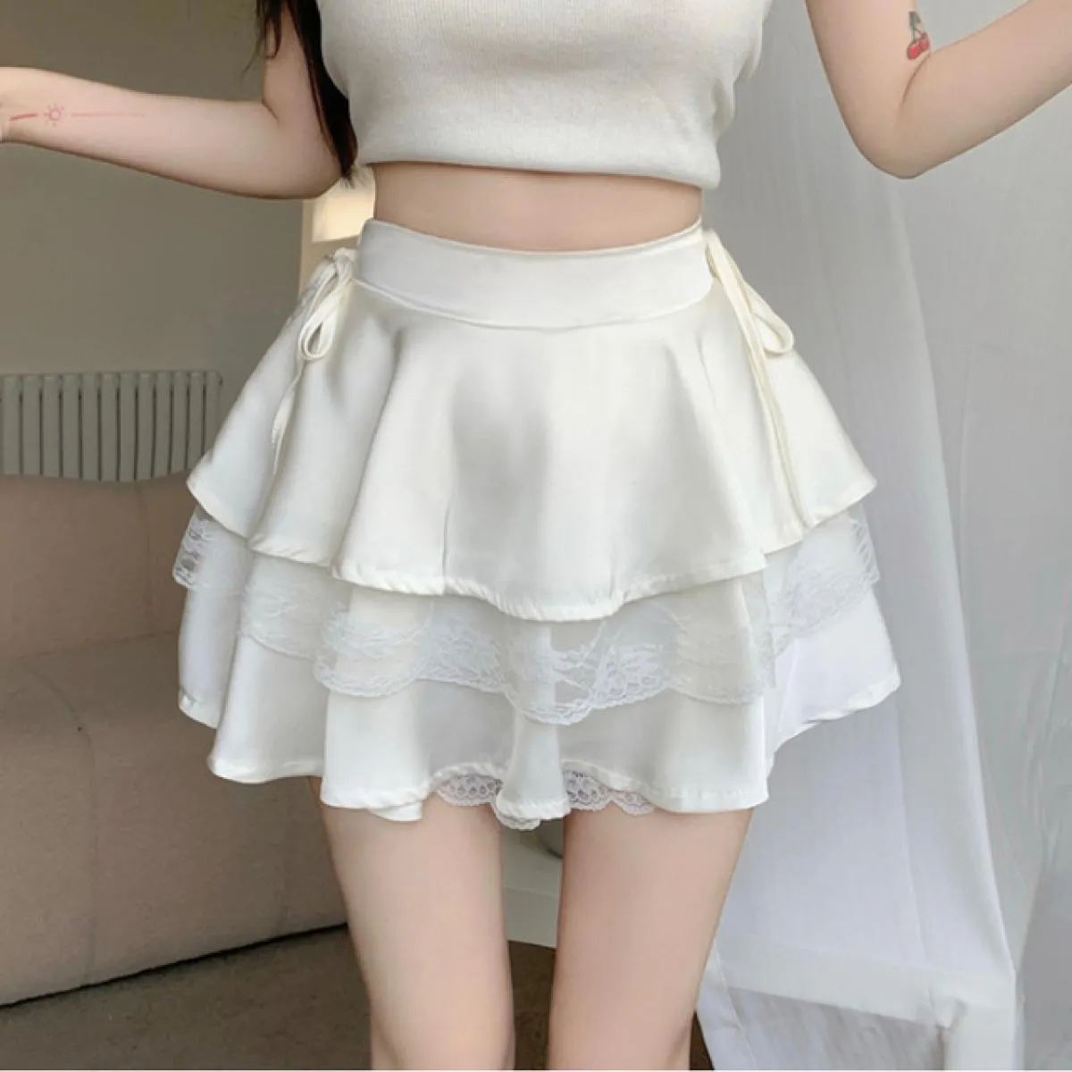 Gonne Donna Sopra il ginocchio Streetwear Pizzo Popolare Tempo libero Dolce Morbido Pieghettato Tutto abbinato Impero Confortevo