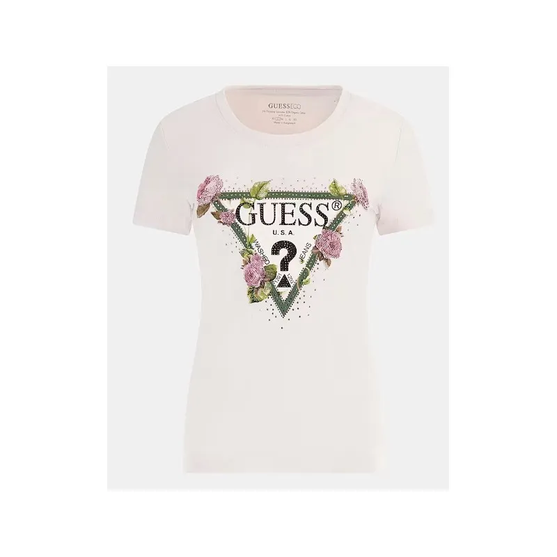 Guess Ss Rn Flor Triang T Low Key Pink T-Shirt M/M Rosa Tr Fiori Donna