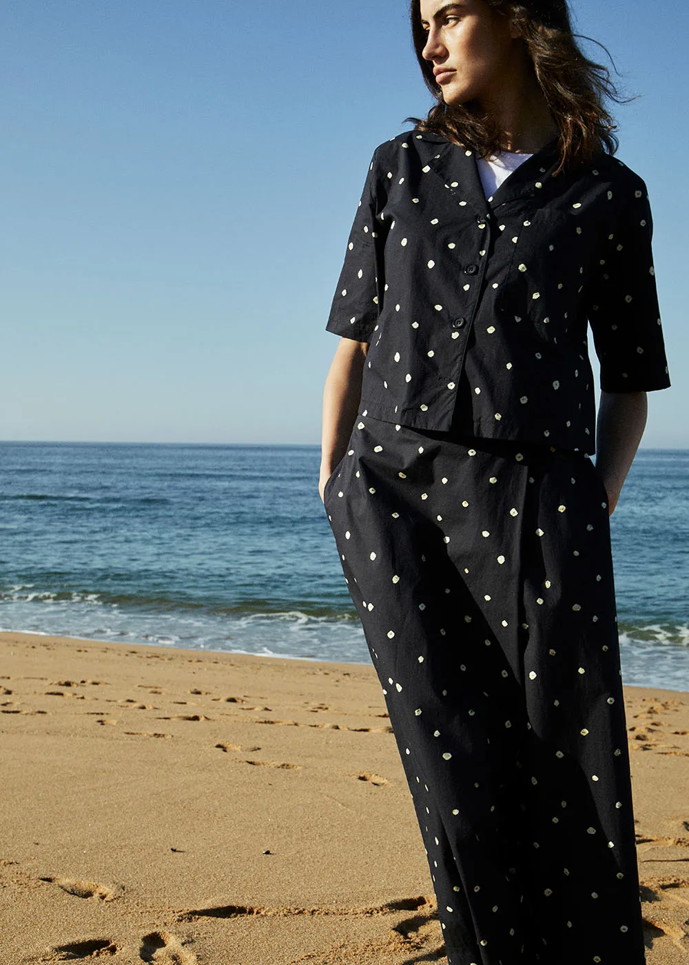 Navy polka dot poplin wrap pants