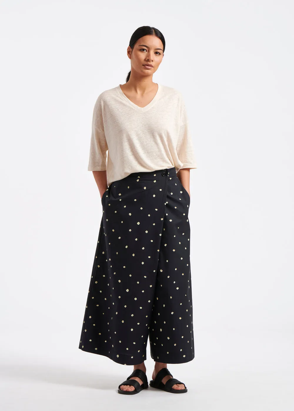 Navy polka dot poplin wrap pants