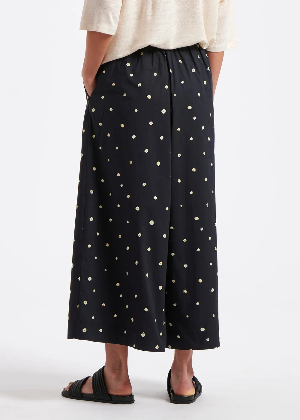 Navy polka dot poplin wrap pants