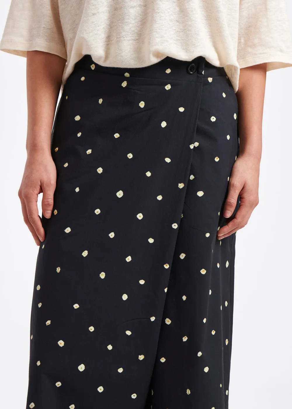 Navy polka dot poplin wrap pants