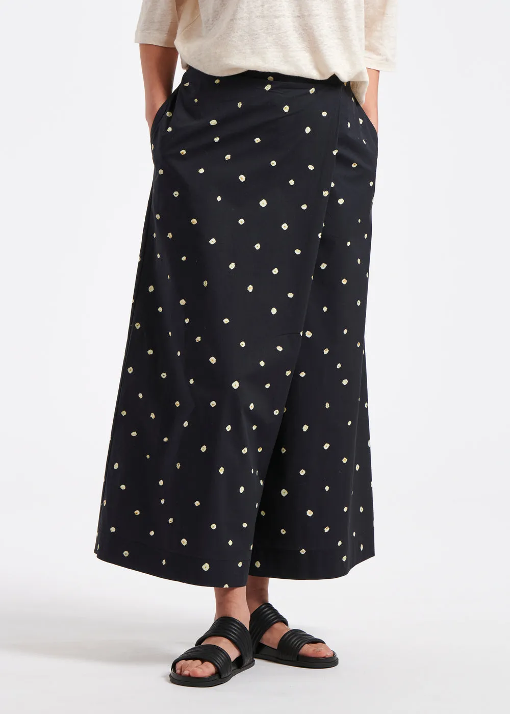 Navy polka dot poplin wrap pants