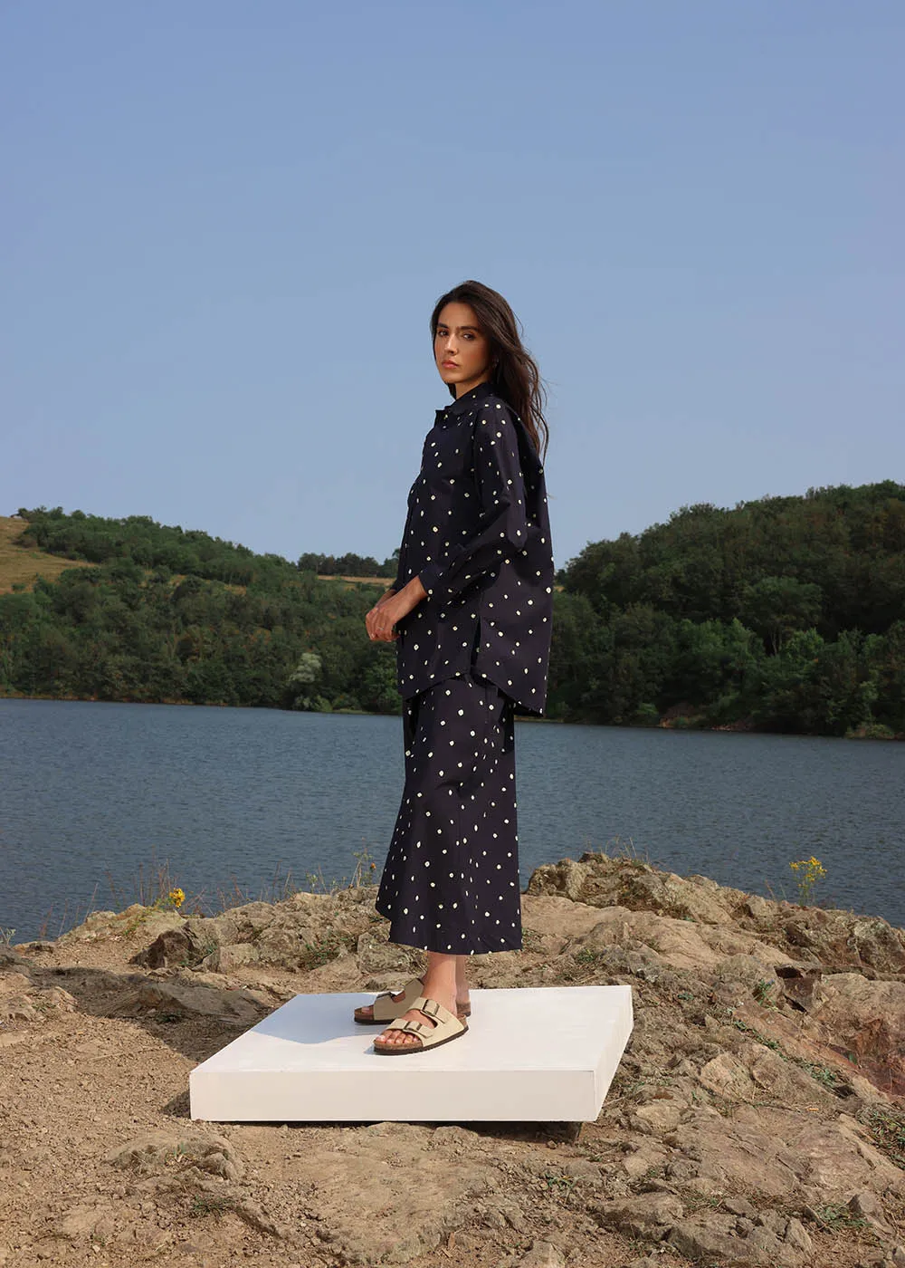 Navy polka dot poplin wrap pants