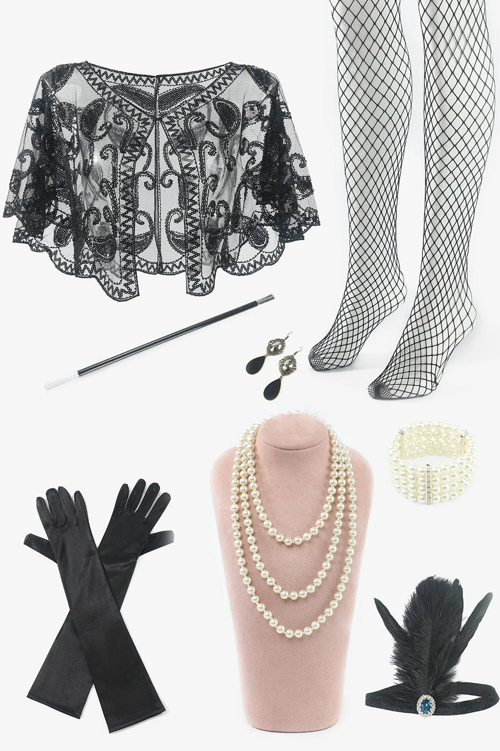 Nero Otto pezzi Calze Guanti 1920s Set di accessori