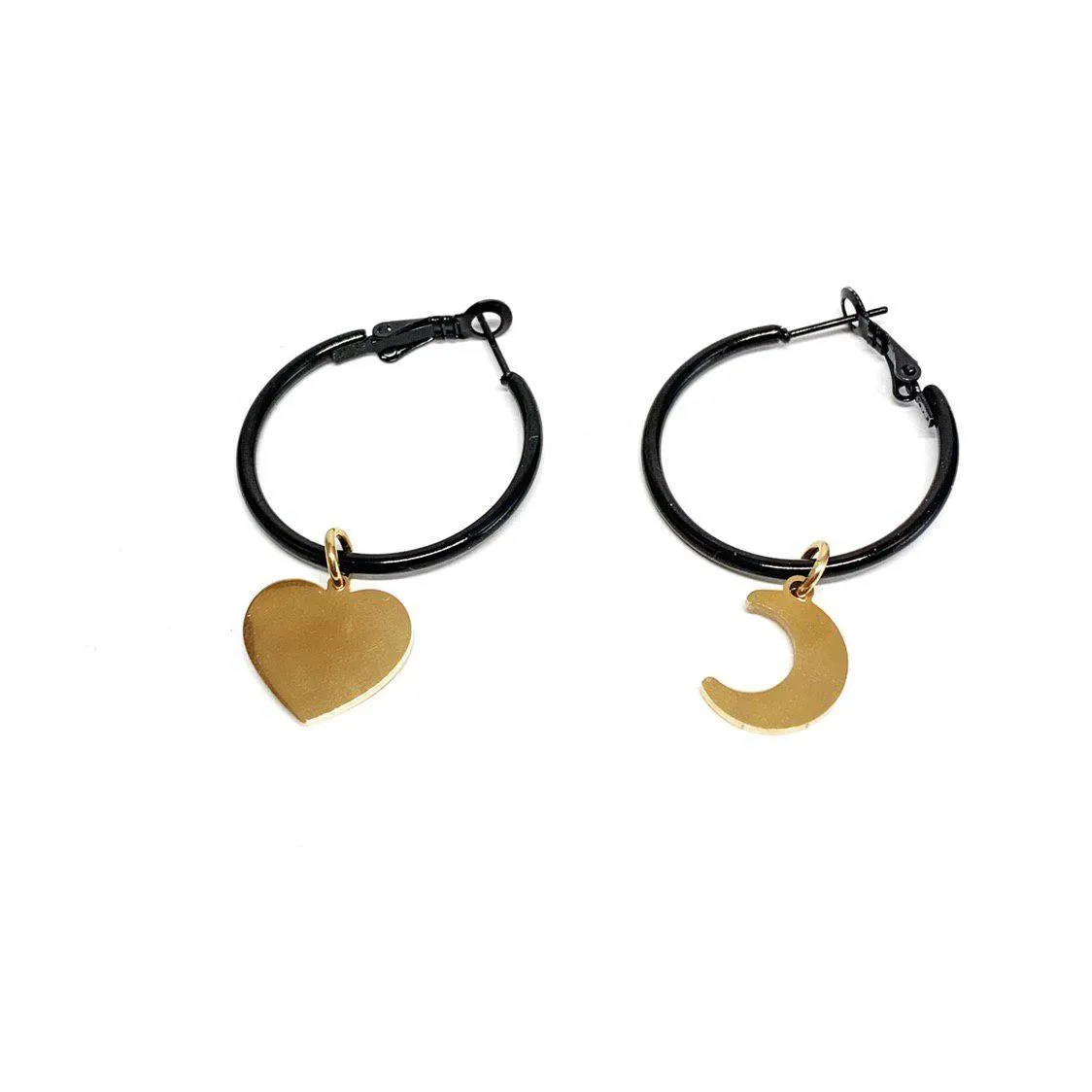 ORECCHINI CERCHI NERI CON LUNA E CUORE