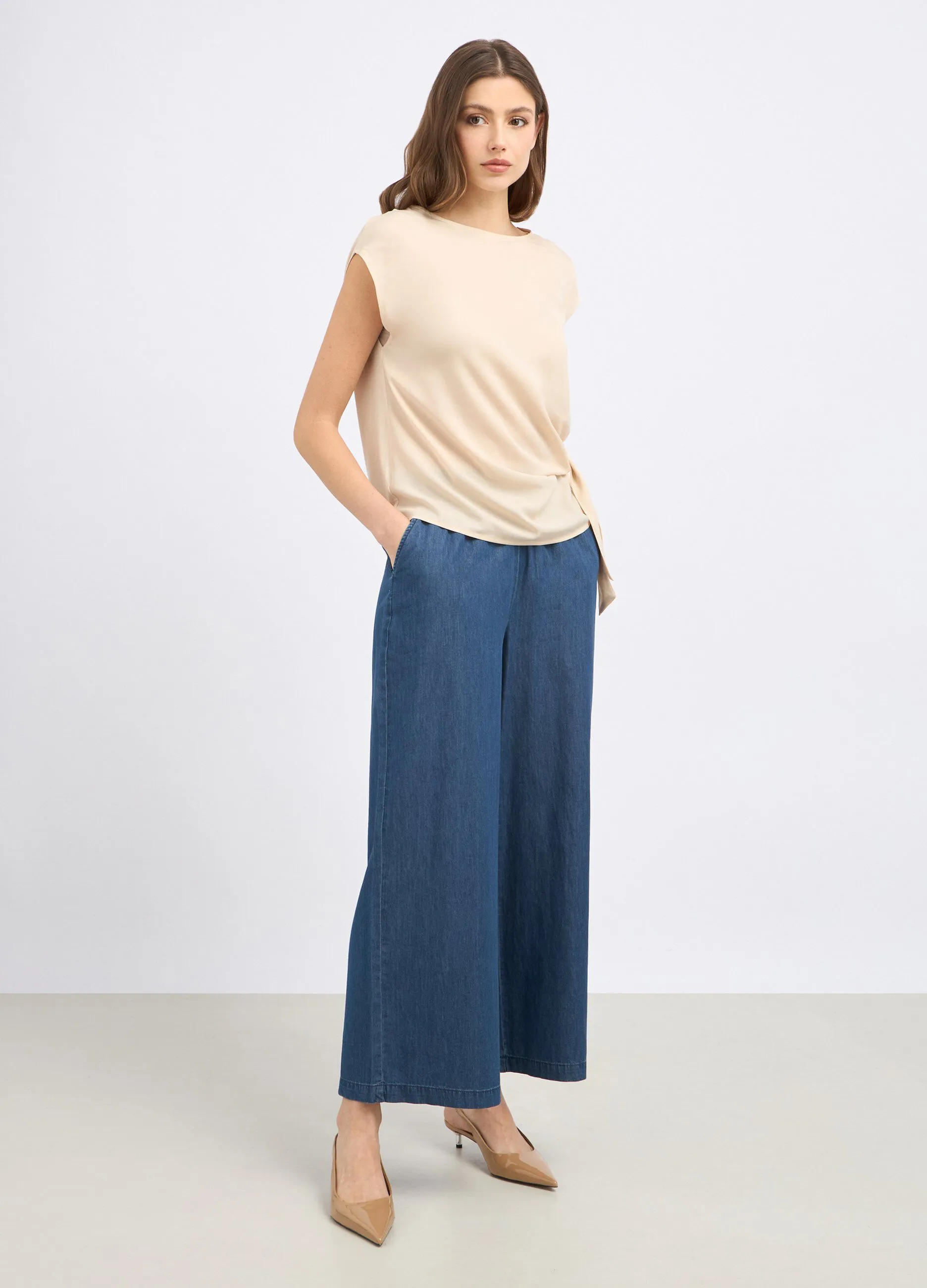 Pantaloni palazzo in denim di puro cotone donna