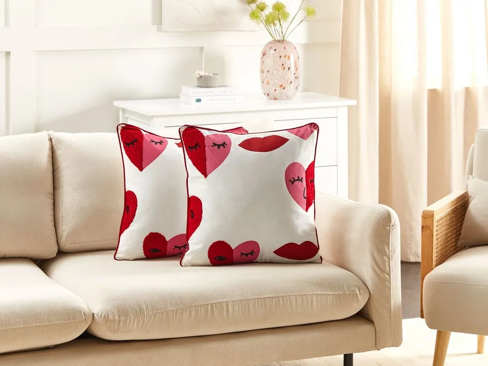 PERIWINKLE Set of 2 Decorative Cushions Heart Pattern White 45 x 45 cm Cotton