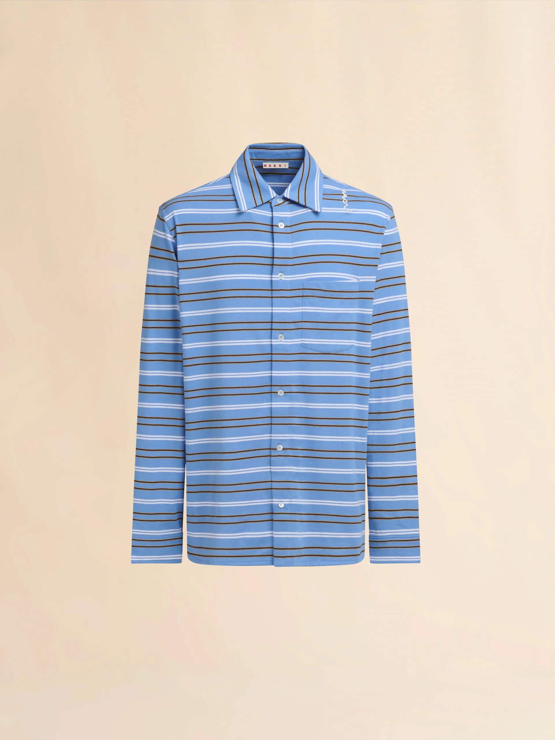 Polo a maniche lunghe in cotone biologico azzurro a righe