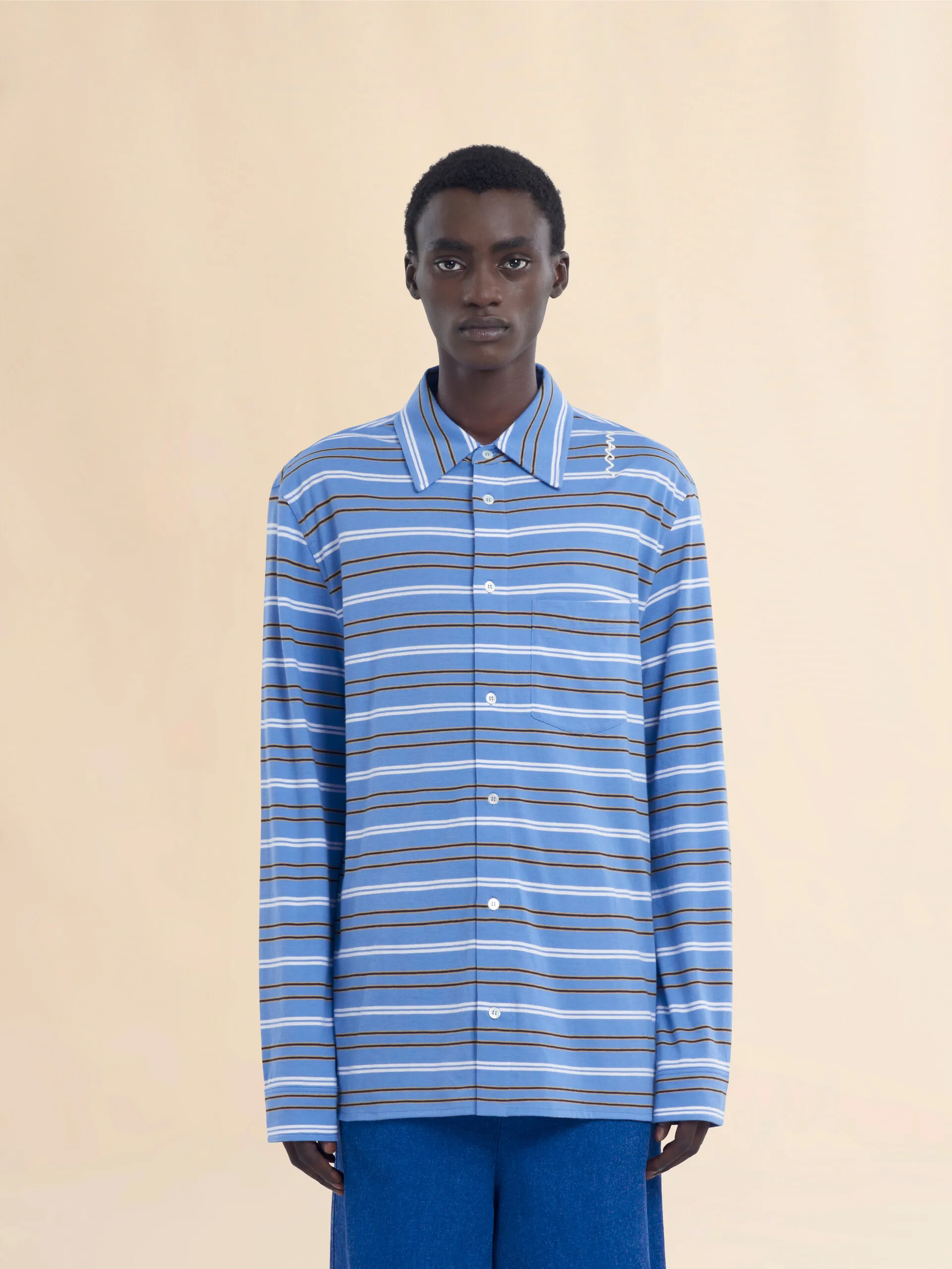 Polo a maniche lunghe in cotone biologico azzurro a righe