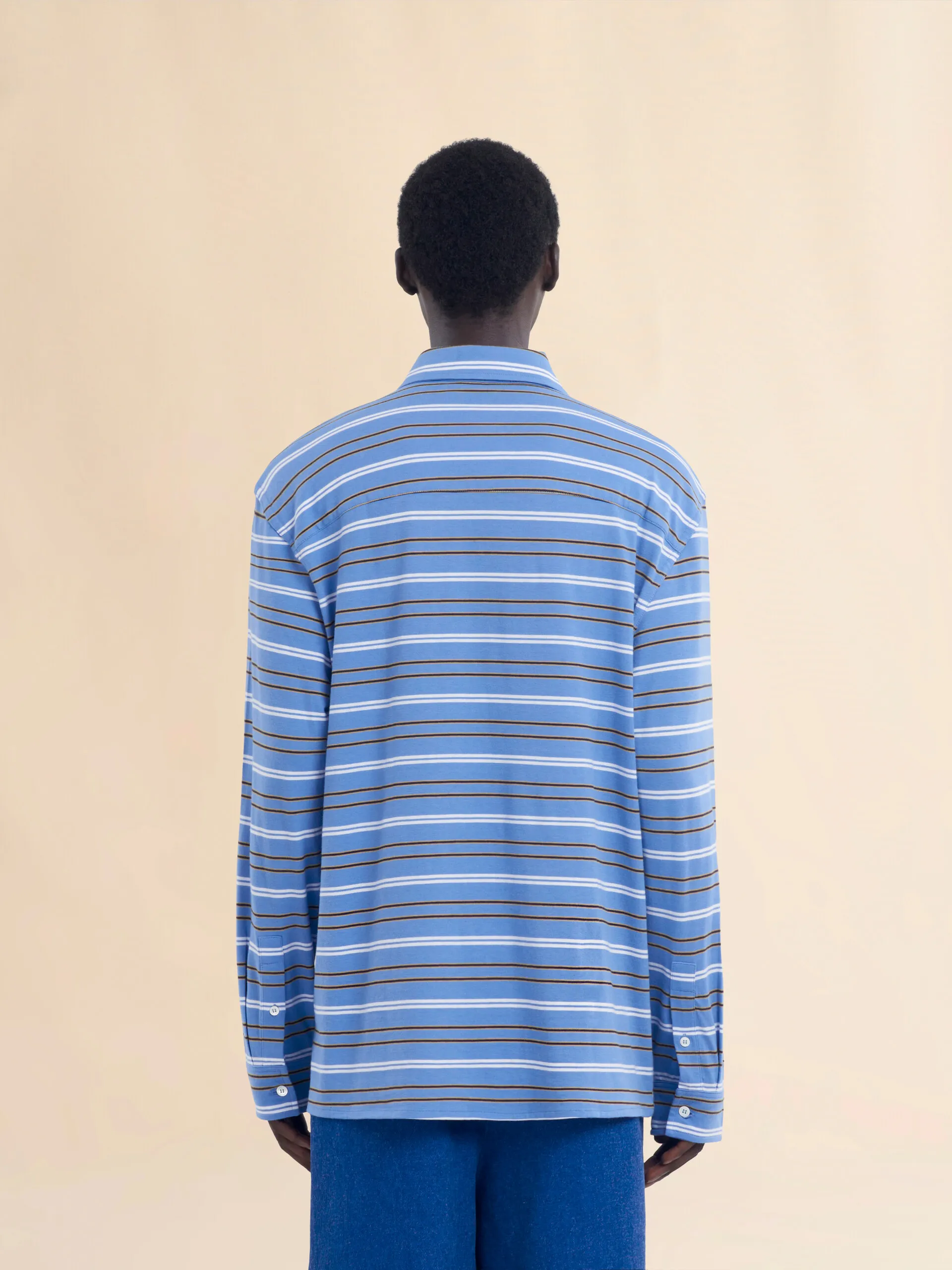 Polo a maniche lunghe in cotone biologico azzurro a righe